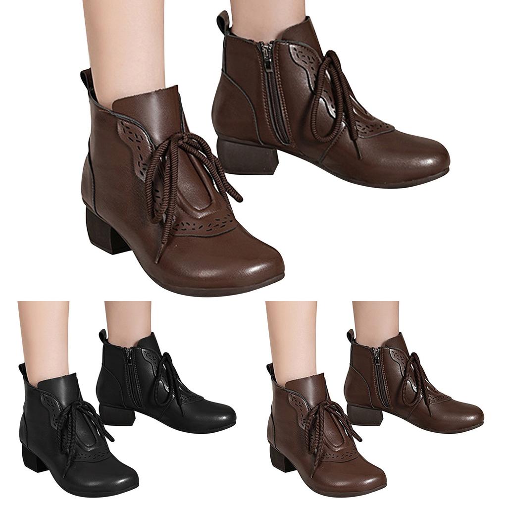Women's Fashion Soft Leather Beef Tendon Soft Bottom Flat Heel Single Shoes Round Toe Four Leather Lace up Boots for Women