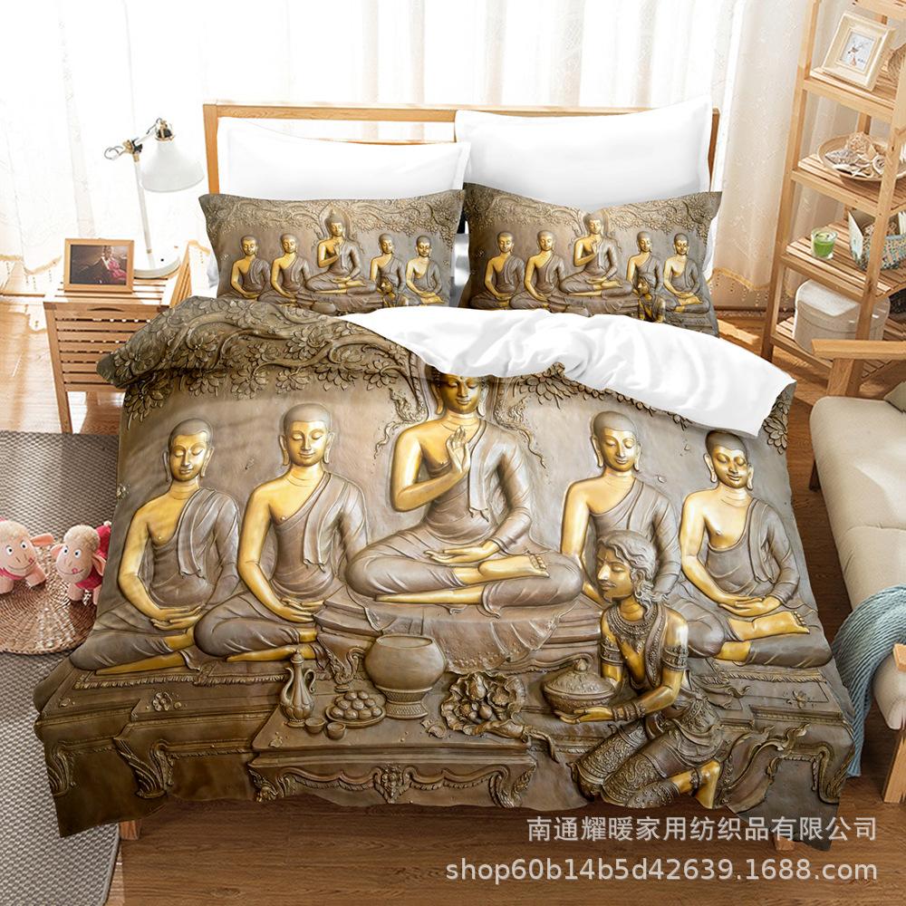3D Digital Printing Bedding Four-Piece Set Three-Piece Set Buddha Statue Bed Sheet Quilt Pillow
