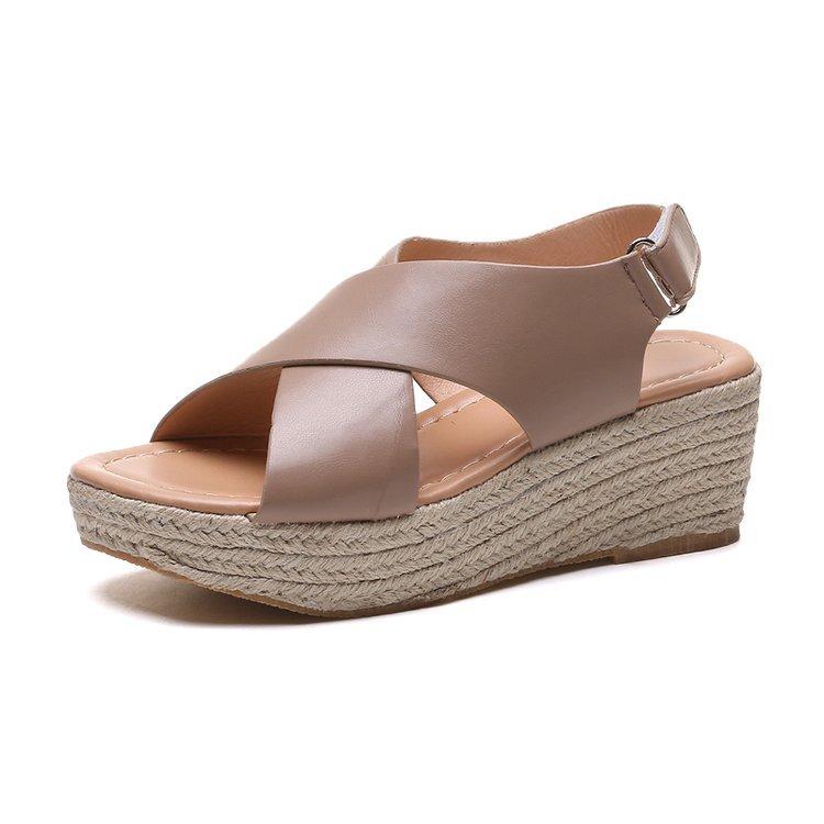 Wedge heel fish mouth shoes high heel women open toe magic tape cross sandals
