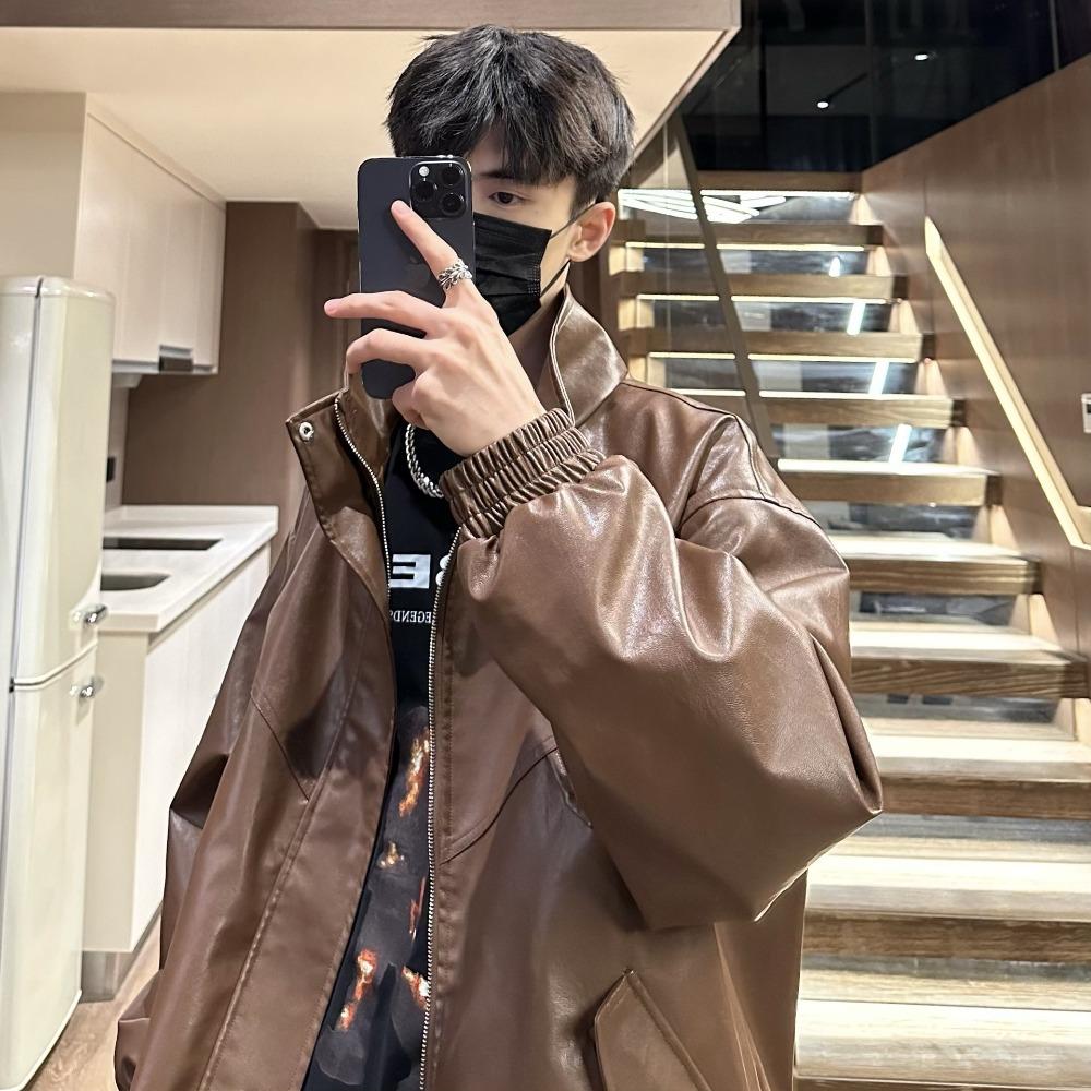 Casual sports spring and autumn couple locomotive clothes loose top jacket vintage personalized men's leather jacket