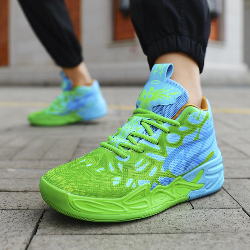 Basketbalové boty nové dětské basketbalové boty pro mládež mandarínská kachna síťovina fly-woven sportovní boty bojové boty vysoké tréninkové boty