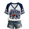 Damen Freizeit V-Ausschnitt Kurzarm T-Shirt mit Raglanärmeln und Rugby-Print
