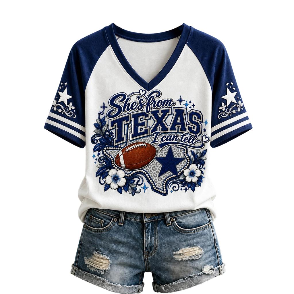 Damen Freizeit V-Ausschnitt Kurzarm T-Shirt mit Raglanärmeln und Rugby-Print
