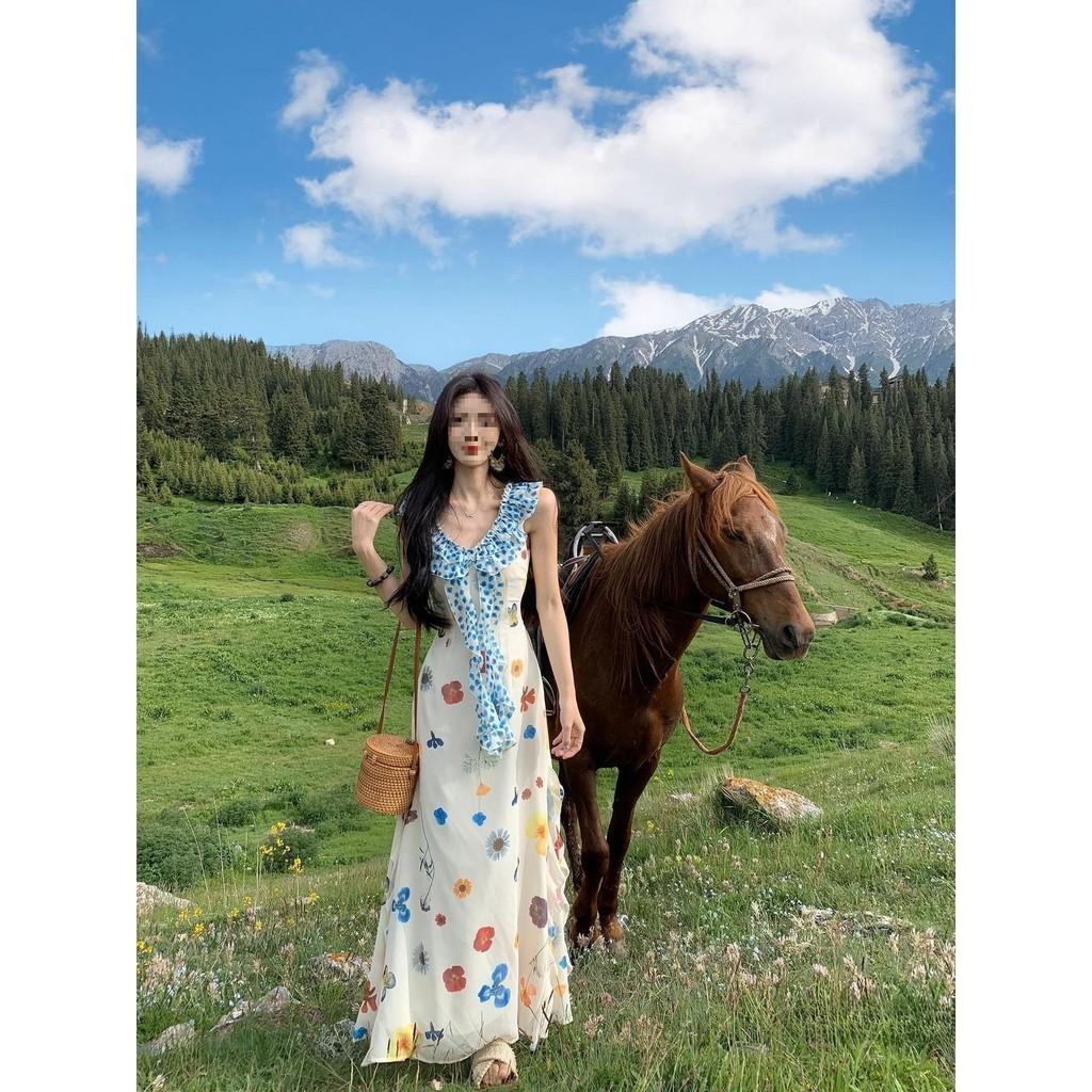 French Beach Vacation Dress With Knitted Fabric And Floral Print For Summer