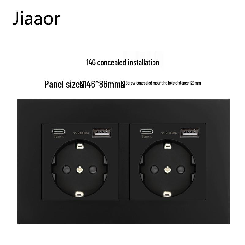 16A Black European Double Gang German-Style Switch & USB/Type-C Socket for Concealed Installation