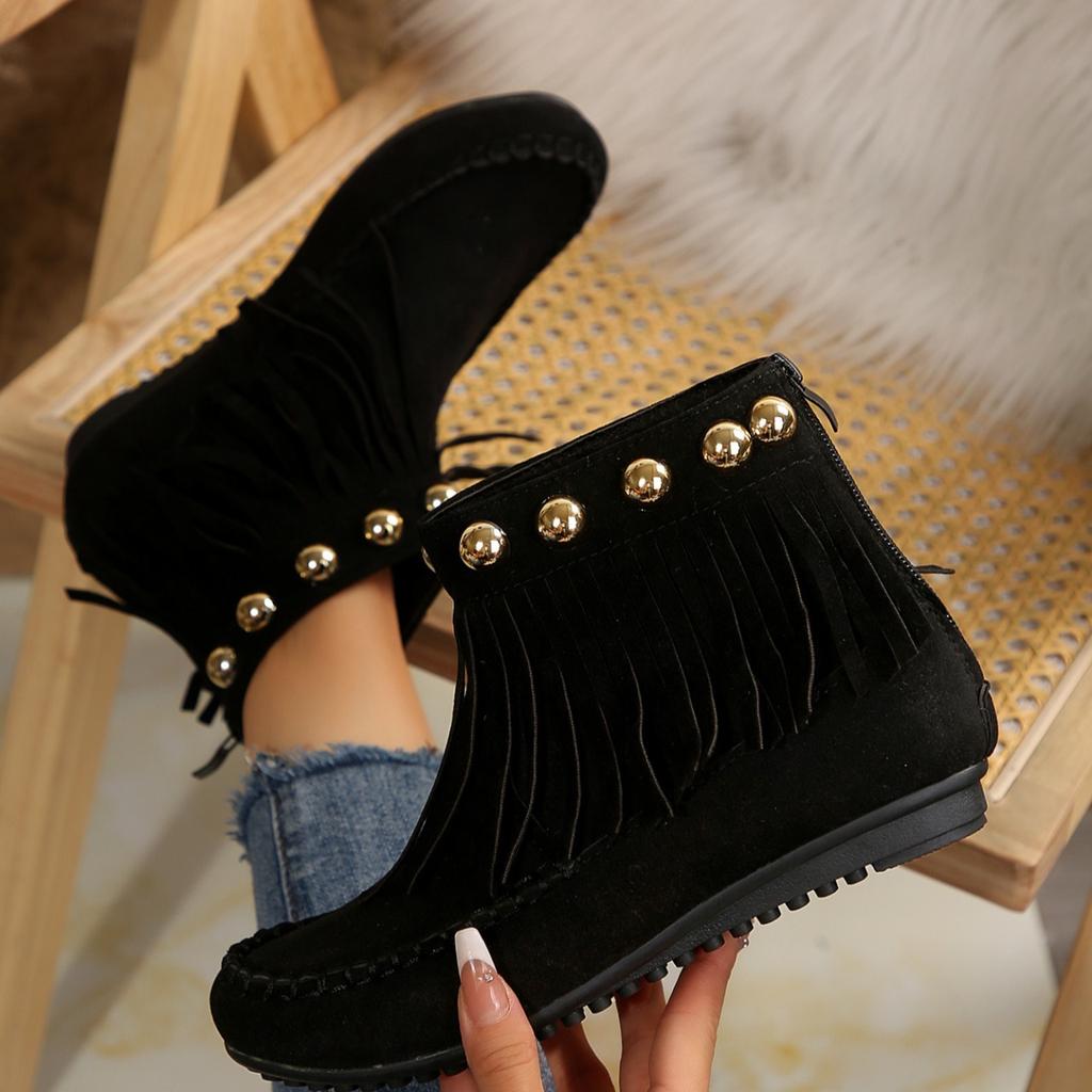 Women Boots Vintage Design Fringed Boot Side Zip Casual Ankle Boot Suede Leather Short Boots for Women Non Slip Oxford Flat Boot