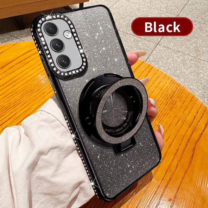 Diamond Glitter Plating For Magsafe Phone Holder Case For Samsung Galaxy A15 A14 A13 A55 A54 A53 A52 4G 5G Stand Silicone Cover