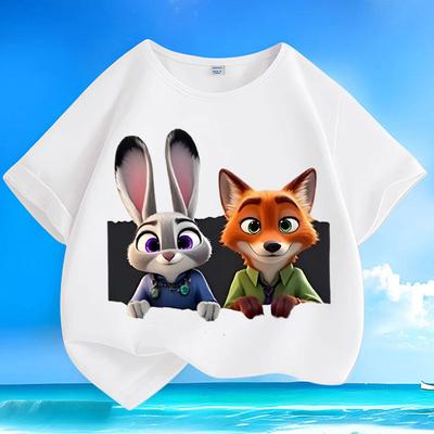 Disney's New Crazy Zootopia Pattern Print Versatile Casual Summer Children's Short Sleeved Pure Cotton Round Neck Loose Top
