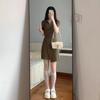 Chic and Unique Green Polo Collar Waist Dress Irregular a Word Short Women's Summer New Small Man