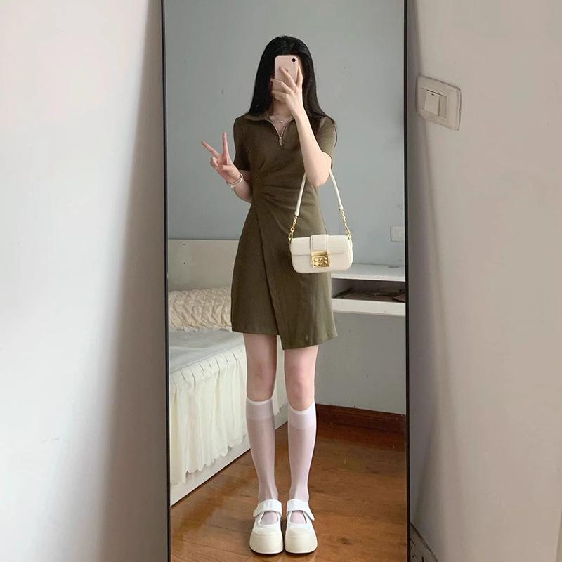 Chic and Unique Green Polo Collar Waist Dress Irregular a Word Short Women's Summer New Small Man