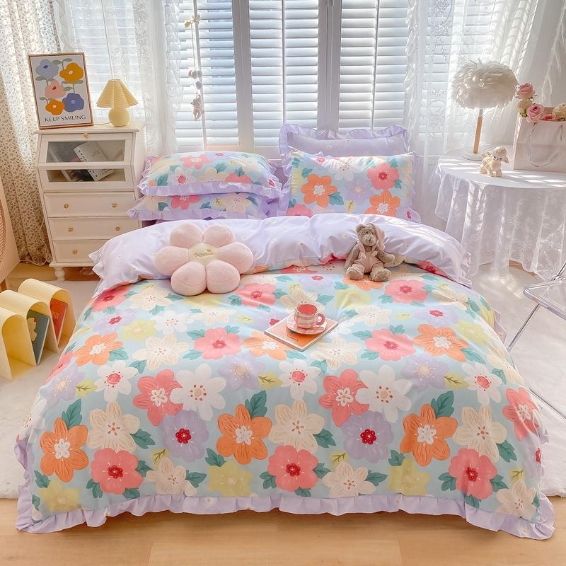 Korean Style Bed Skirt Four-piece Set Pure Cotton Edge Bed Sheet Thickened Plant Cashmere Brushed Skin-friendly Bedding