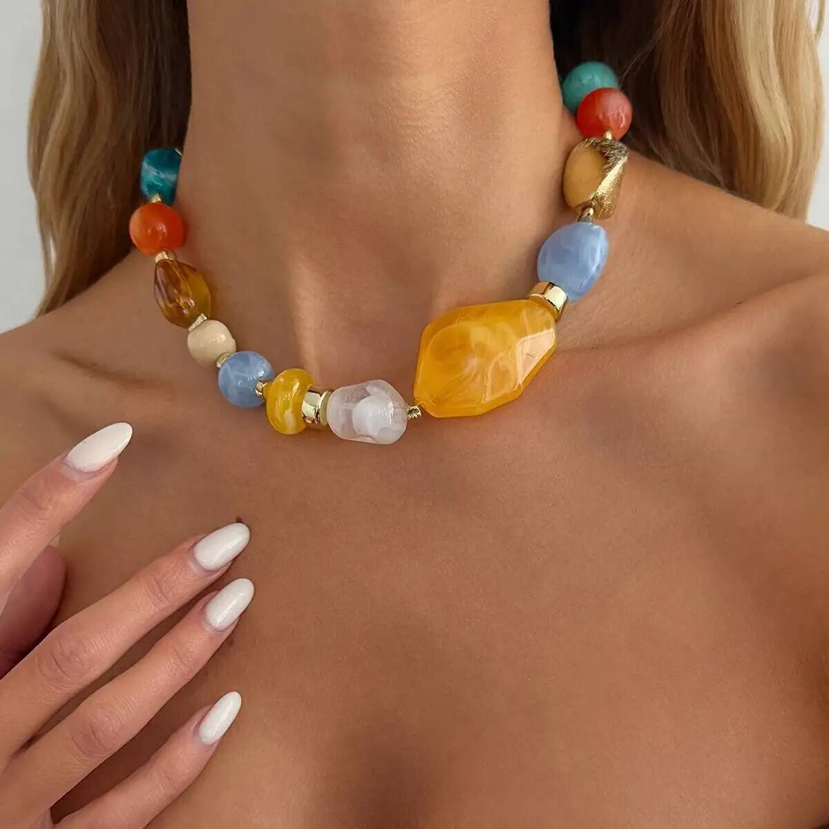 Salircon 2026 New Bohemia Colorful Irregular Acrylic Resin Beads Choker Necklace Women Boho Style Geometric Y2K Charm Jewelry