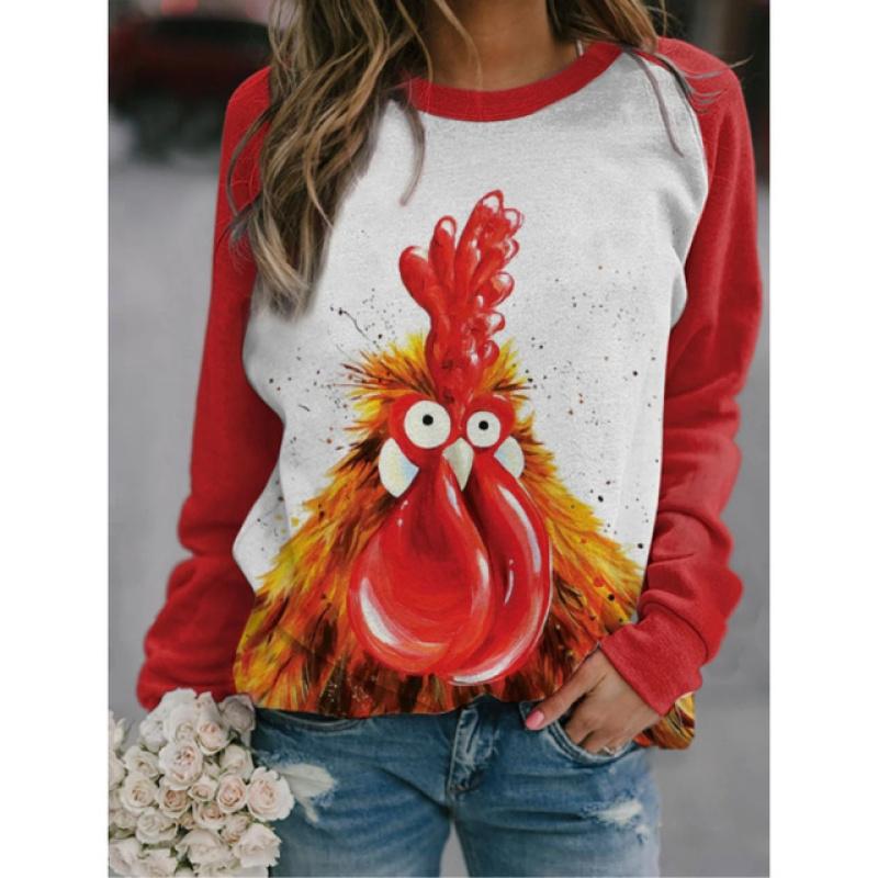 2023 Autumn and Winter New Cute Pet Women's Top Quirky Cow Printed Round Neck T-shirt Harajuku Casual Loose Long Sleeve Pullover
