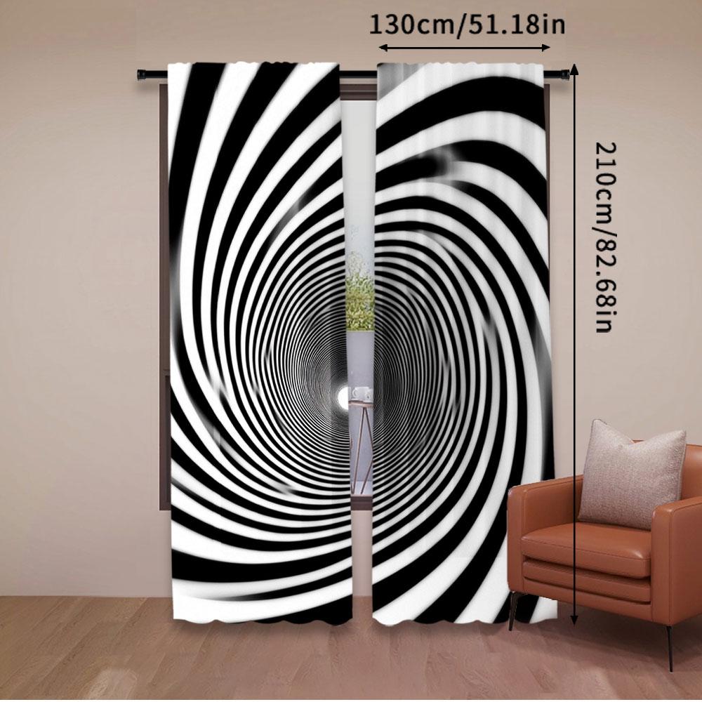 2Pcs Black And White Spiral Vortex Curtain Futuristic Pipeline Tube Endless Tunnel Striped Swirl Window Drapes All Season Charm