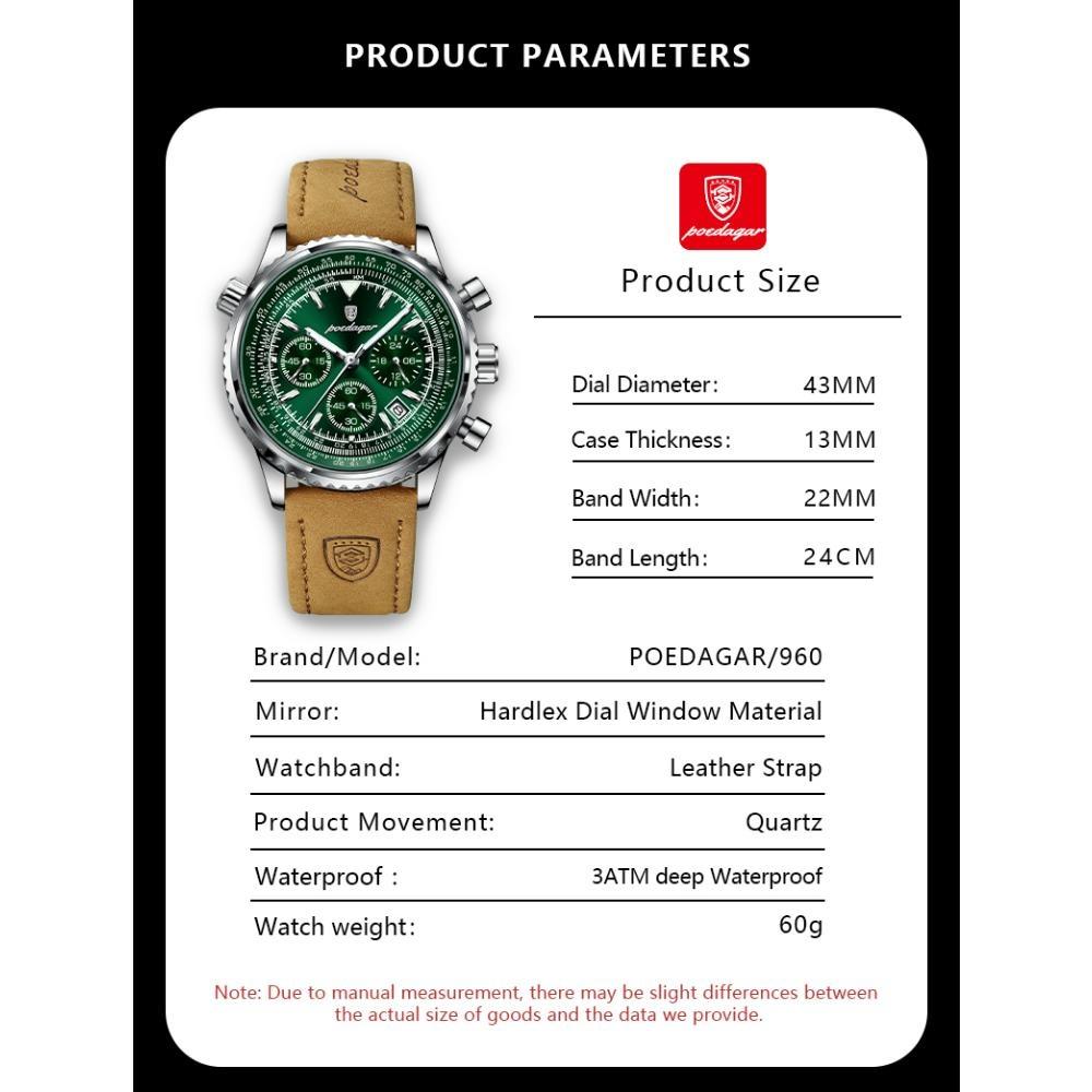 POEDAGAR Military Luxury Men Watch Date Chronograph Waterproof Luminous Top Man Wristwatch Leather Men's Quartz Watches