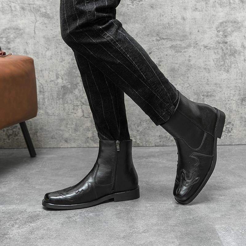 High Quality Casual Leather Boots Men Western Cowboy Leather Shoes Male Fashion Men's High Top British Outdoor Boots Shoes Male