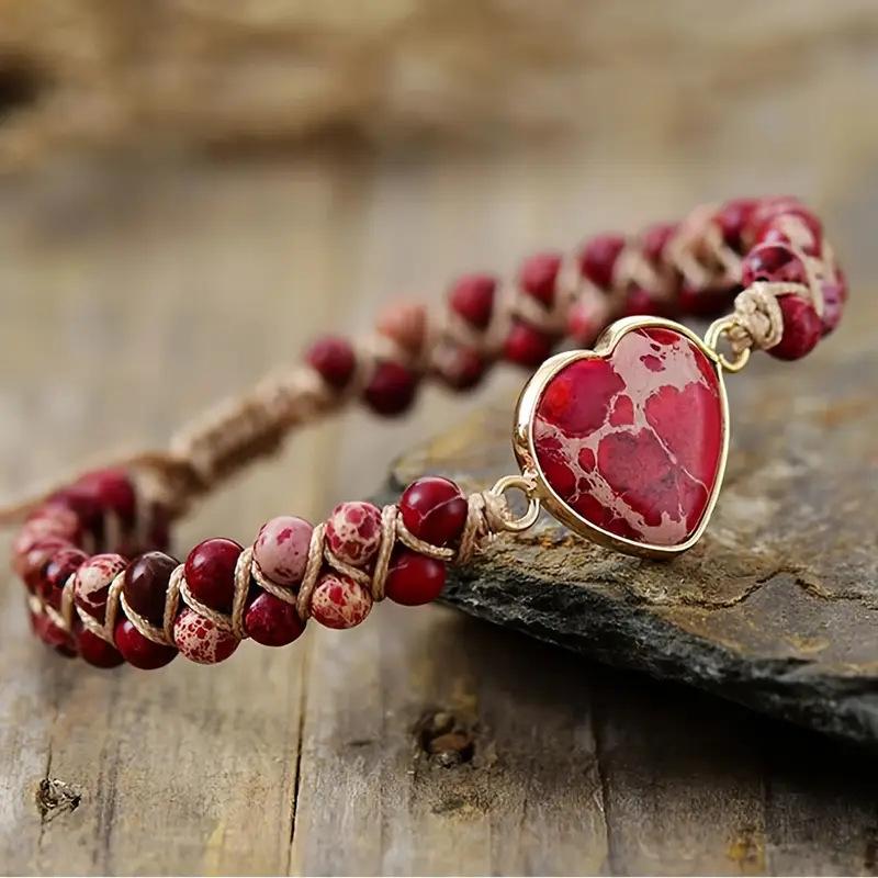 Colored Gemstone Braided Bracelet, Bohemian Vacation Bracelet, Women's Adjustable Bracelet, Gift for Girls, Heart-shaped Gemstone Bracelet