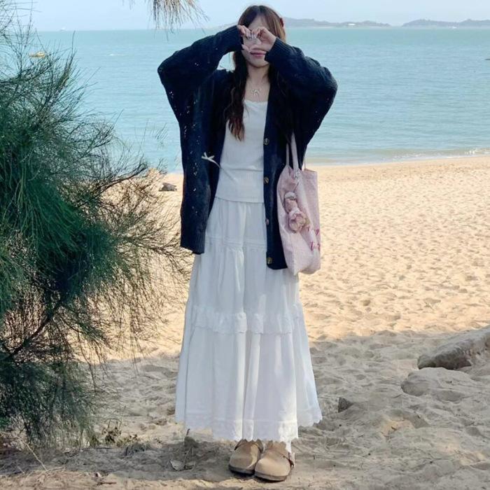 

[Original fabric] White lace lace skirt women s summer new high-waisted and thin a-word fluffy dress S белый