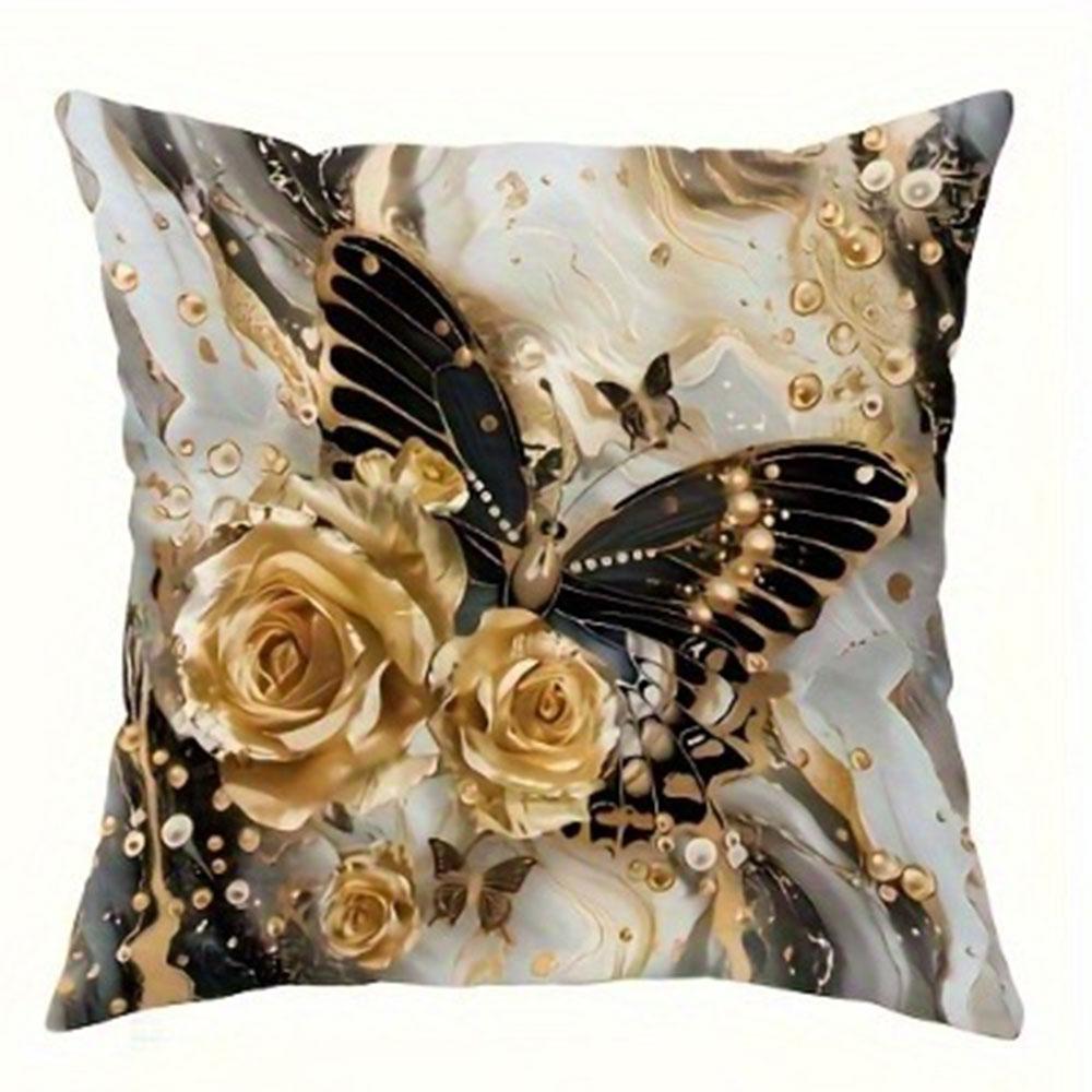 Schwarz und Gold Rose Schmetterling Luxus Kissenbezug Schlafzimmer Wohnzimmer Sofa Heimdekor Polyester Kissenbezug mit Reißverschluss