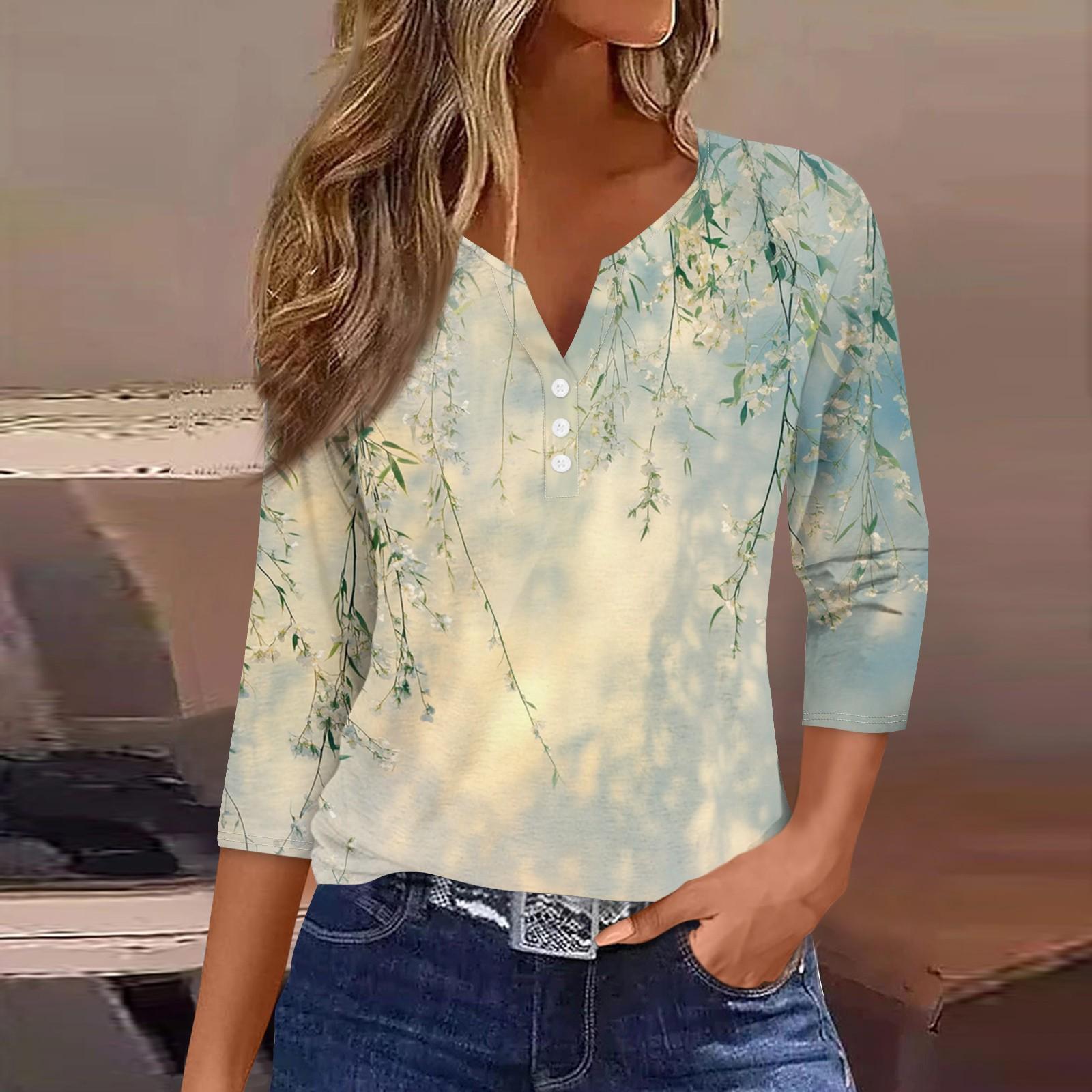 

Женская модная повседневная футболка с цветочным принтом, V-образным вырезом, декоративными пуговицами и рукавом три четверти XXXL бежевый