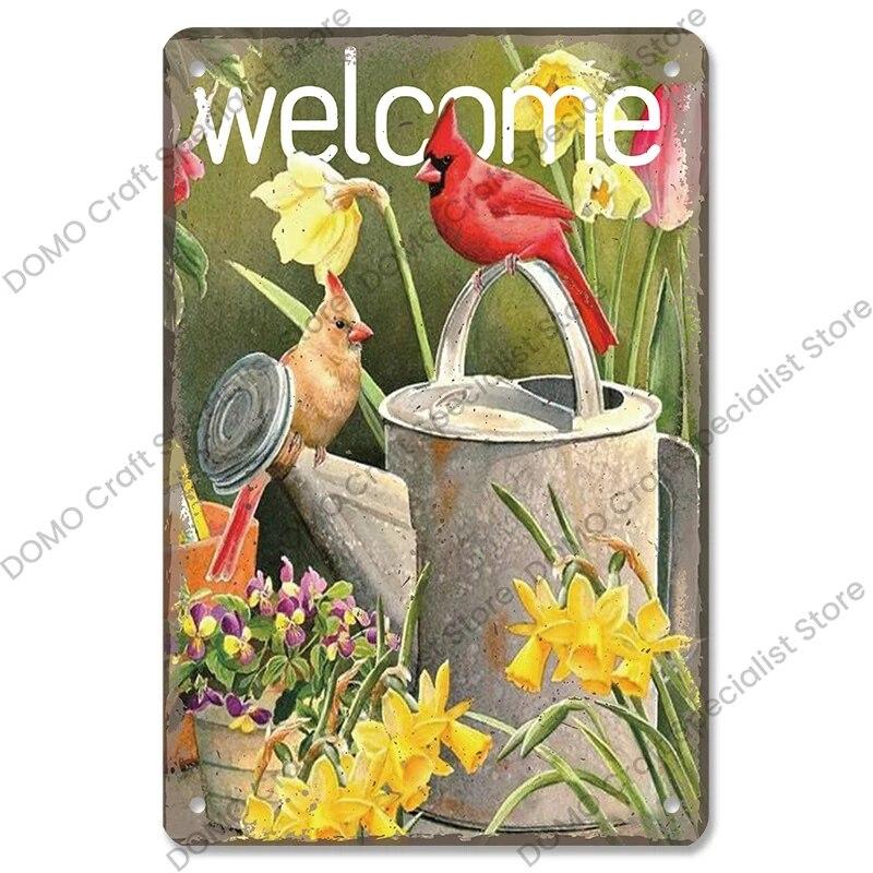 Welcome Poster Metal Plate Vintage Pumpkin Sunflower Bird Metal Tin Signs Wall Decor Garden Door Cafe Party