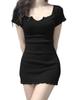 Coco Yuka Sexy Tight Short Sleeve Mini Dress with Ribbed Knit and Simple Bodycon and Mini Dress Size & Women's V-Neck Ruffles, Style,