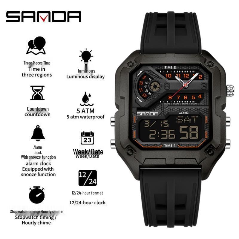 SANDA Men's Luxury Quartz Watch - Steel Band, Waterproof, Three-Time Zone, Versatile for Casual and Workplace Wear.