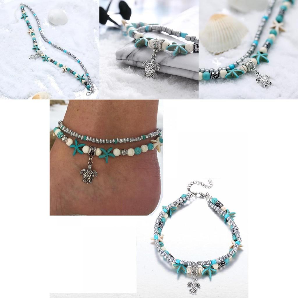 Retro Blue Shell Anklet With Turtle Design For Beach Vacation And Resort