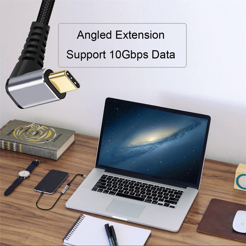 Cablecc 10Gbps 100W Male To Female USB Type C Angled Extension Data Cable with Sleeves for 2M 3.1 USB-C Up/Down Laptops,