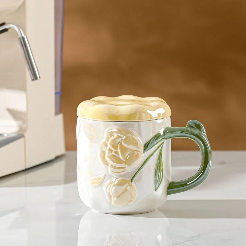 Relief Rose Flower Ceramic Mug Coffee Milk Cup Tea Cup Ins Style Hand-painted Design Couple Girl Romantic Drinkware Mug Gift