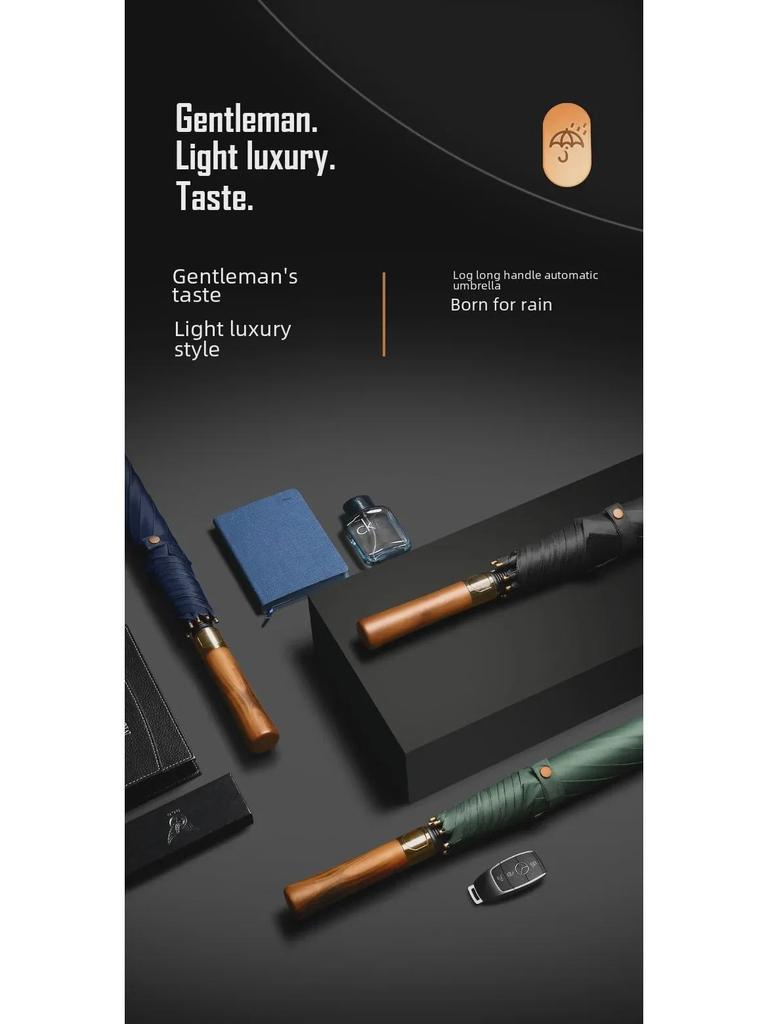 Umbrelă de Golf Britanică Retro Business - Mâner de Lemn, Tijă Dreaptă Consolidată, Anti-Ultraviolete, Design Cadou Imprimat.