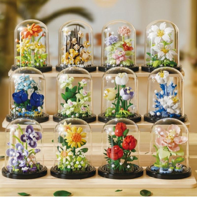 Flower Bouquet Bonsai Building Blocks Artificial Plastic Plant Dust Cover Micro Model Home Decoration Toys For Kid Birthday Gift