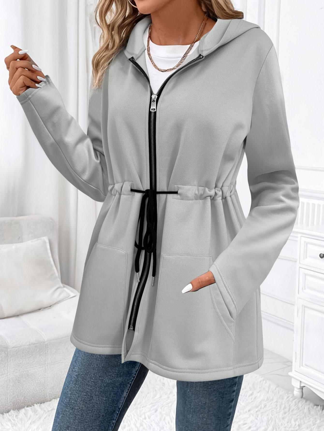 Women s Plus Size Autumn/Winter Fleece Hooded Jacket with Waist Cinch and Zipper 5XL