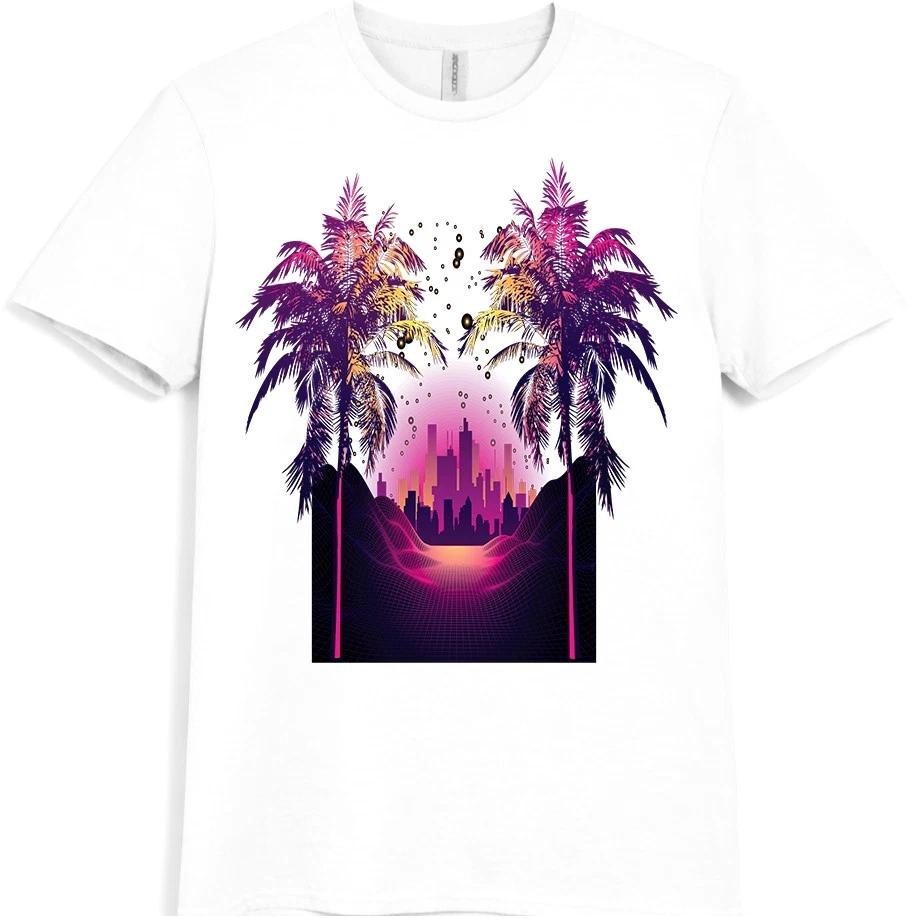 Synthwave T Shirt Retro 80s Neon Sunset City Palm Trees Vaporwave Tee M
