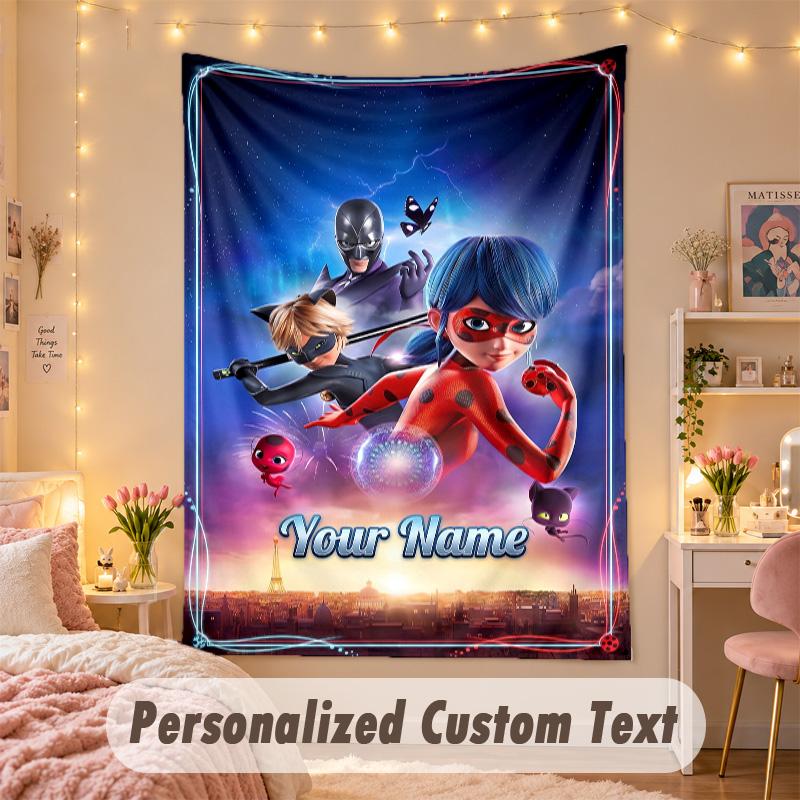 Custom Personalized Tapestry,Miraculous Ladybug Print Custom Name Text Wall Art Hanging for Bedroom