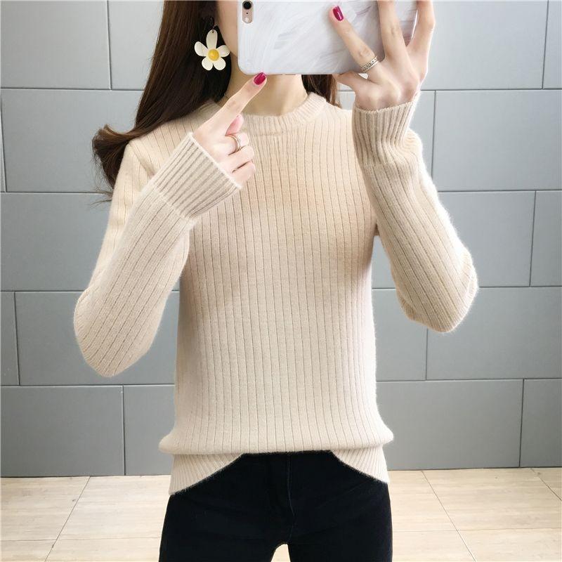 Women Elegant Thicken Velvet Lined Sweater Winter Warm Sueter Fleece Knitted Pullover Slim Round Neck Knitwear