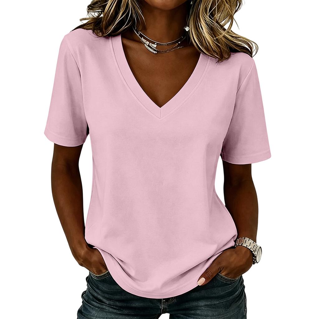 Camiseta Básica de Manga Curta com Gola V Casual Feminina Top Liso Confortável Caimento Solto Tecido Leve e Macio