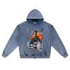 DTG Print Knitted Denim Zip-Up Hoodie Street Fashion Graphic Brother Print Zipper Hoodies  