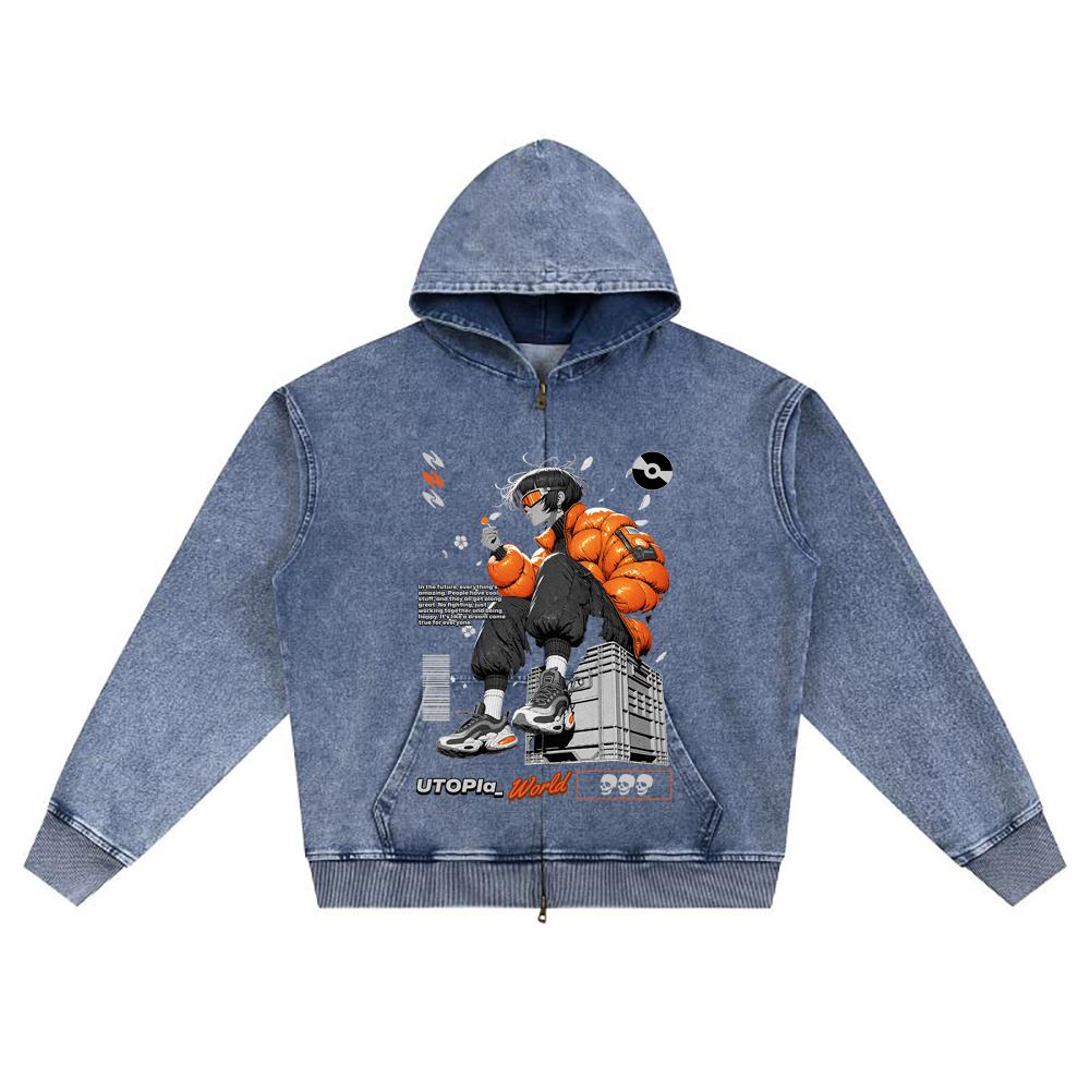 DTG Print Knitted Denim Zip-Up Hoodie Street Fashion Graphic Brother Print Zipper Hoodies  