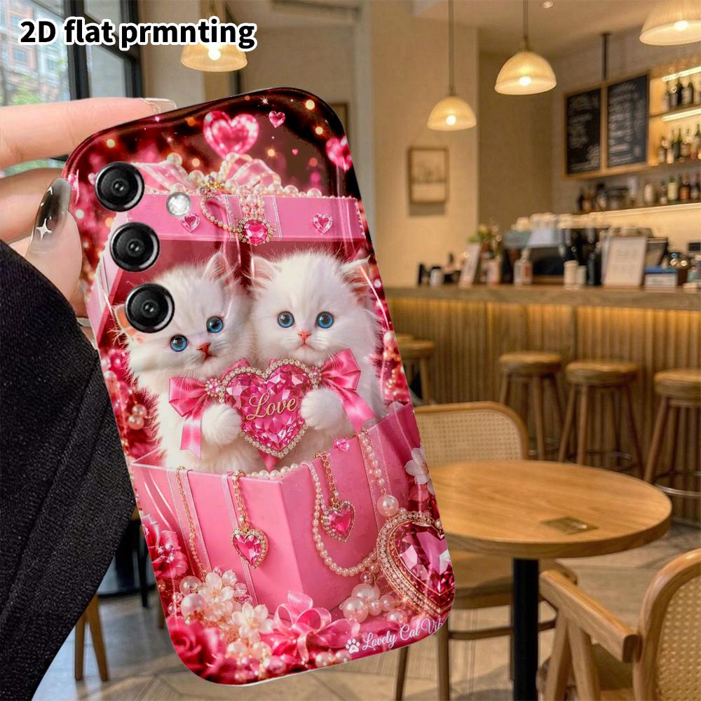 Phone Case: 2D Flat Samsung Galaxy A34 A35 M05 M06 S20 S22 S21 FE Plus 5G Protective Case, Gift Box with Two White Cats, Christmas and Halloween Gift