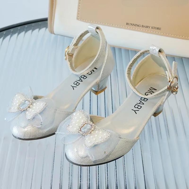 Ankle Strape Summer Girls Sandals High Heel Sequin Rhinestone Bow Girls Princess Shoes Baby Girl Shoe Lace Ribbons Sandal I04093 34 серебряный