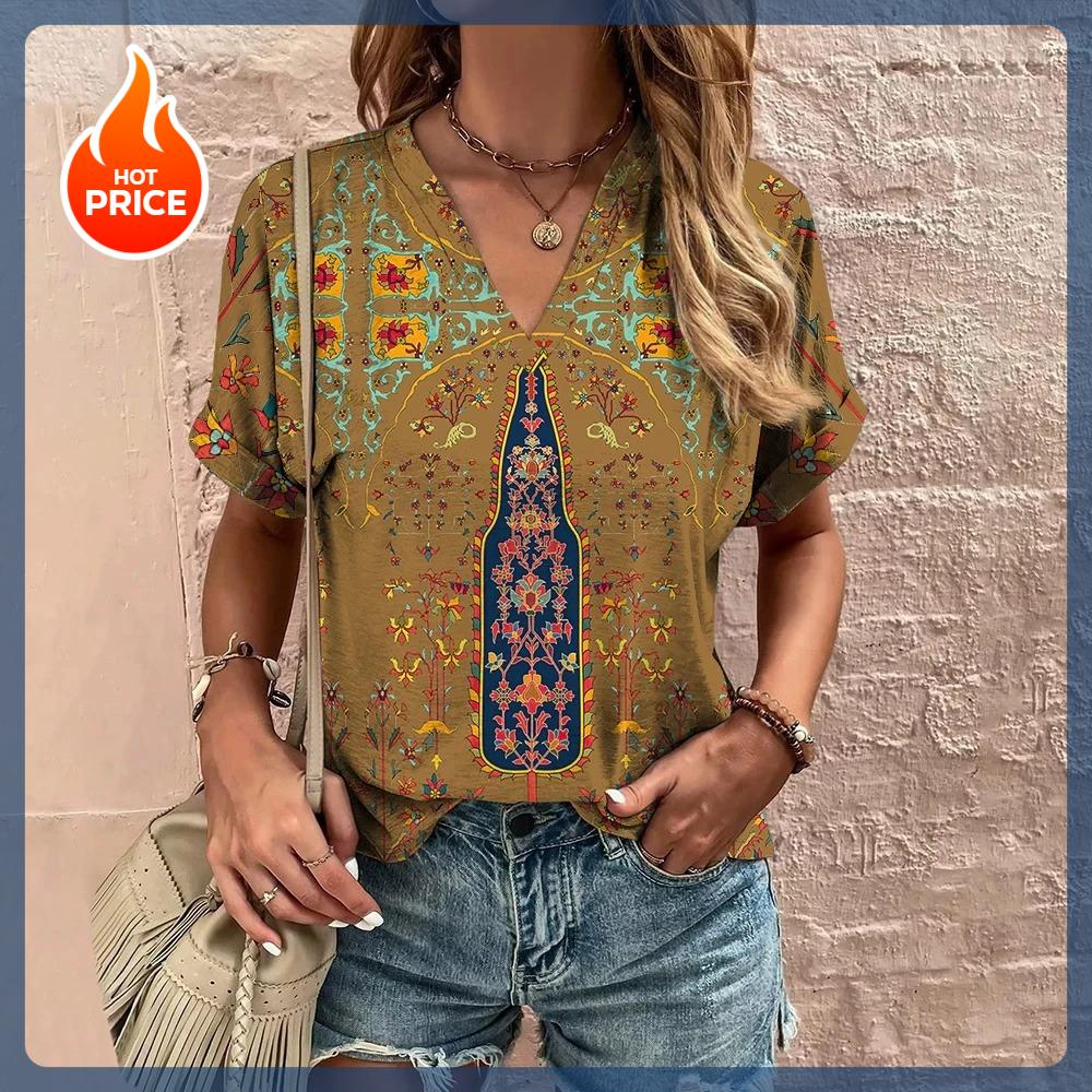 Vintage V-Neck Women's T-Shirt Summer Short Sleeve Tee Casual Harajuku Stripe Print T Shirt for Women Streetwear Pullover Tops