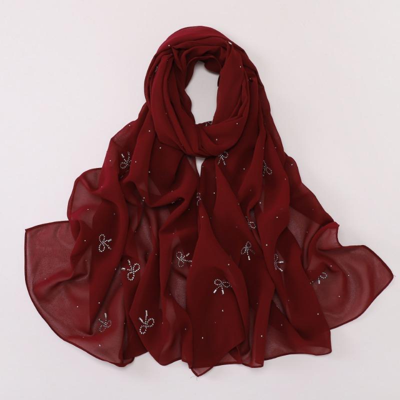 Pearl Chiffon Starry Bow Rhinestone Long Scarf Muslim Women Headscarf