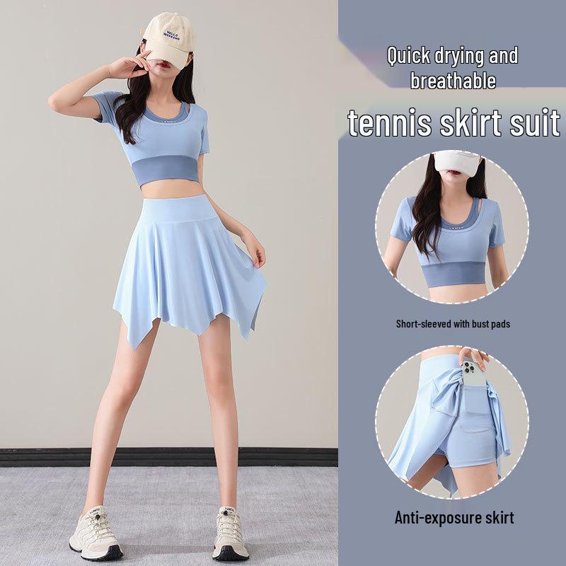 Women's Summer 2025 Quick-Dry Sportswear Set: Pleated Tennis Skort and Fitness/Yoga Outfit