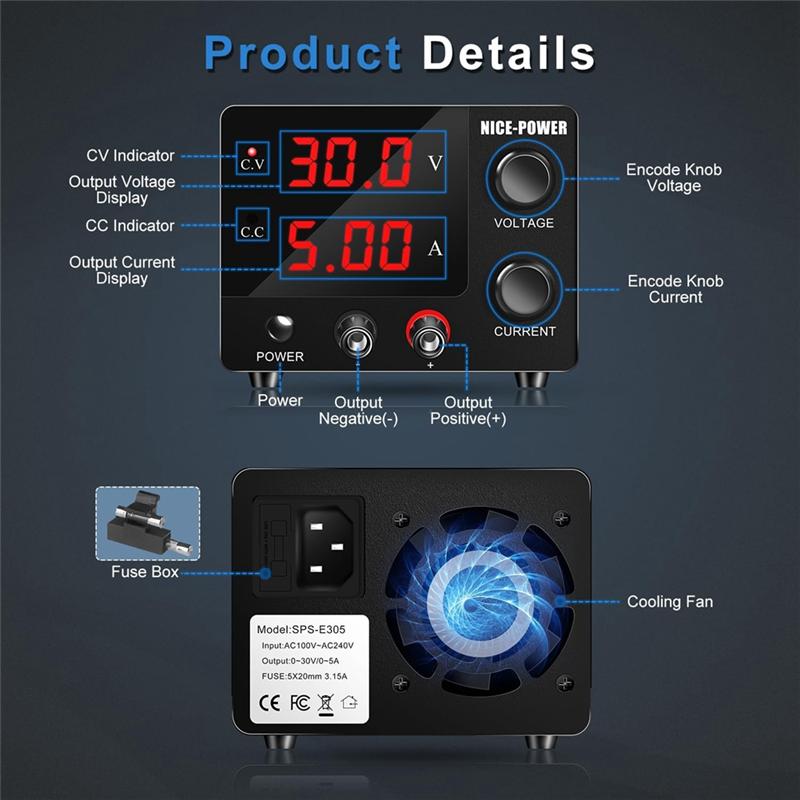 2025+ DC Power Supply Variable, 30V 5A Adjustable Switching Regulated Power Supply with Encoder, LED Display US Plug