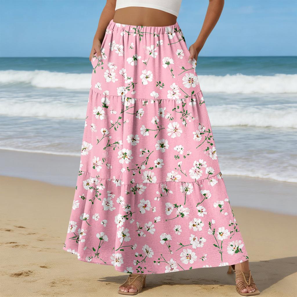Women's Casual High Waist Drawstring A-line Skirt Color Skirt With Pockets