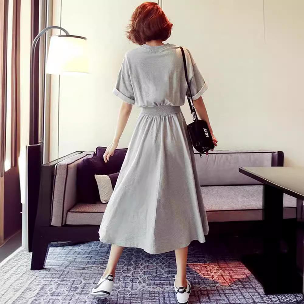 

Korean version short-sleeved dress women s new summer big skirt loose and thin waist high waist round neck long dress M