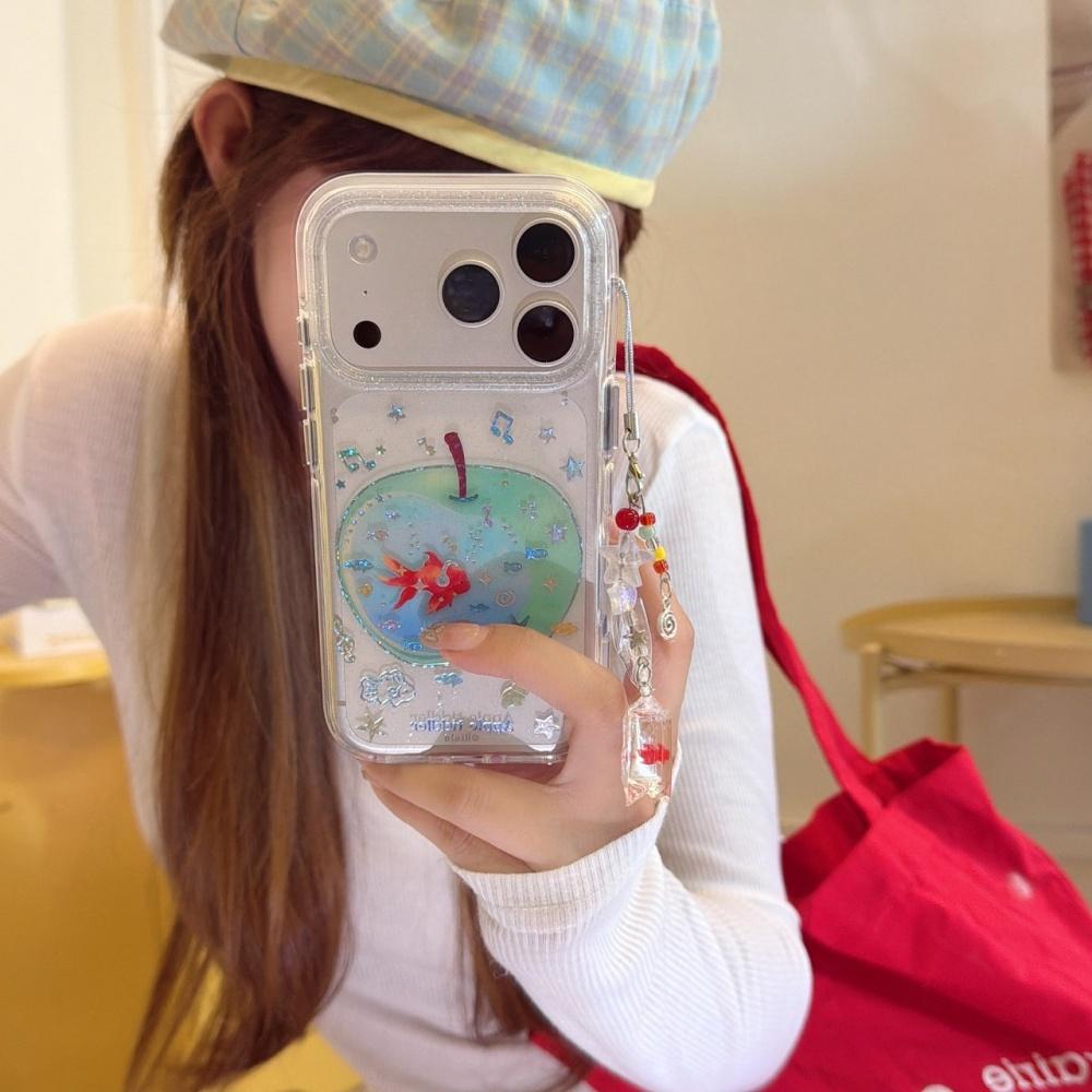 Transparent gilt green apple goldfish pendant ins Korean applicable Apple 17ProMax mobile phone case iphone15 new 16pro women's cute 17pro