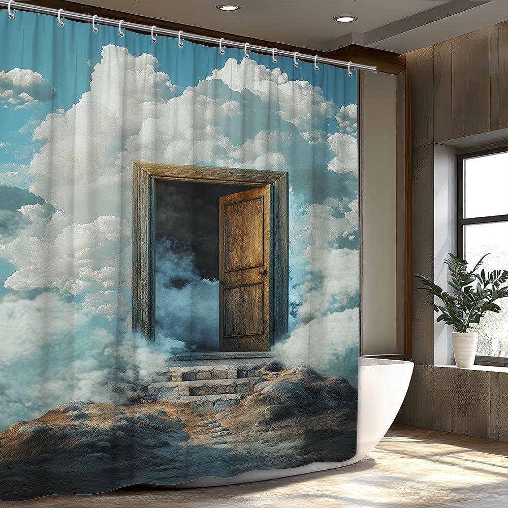 1 шт. Сюрреалистическая деревянная дверь Шторка для душа - Сказочный дизайн, Открытая дверь в небо, Рустикальный полиэстер, Всесезонный декор W90XH180cm