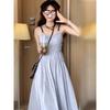 Blue suspender dress women's summer pure desire new French seaside vacation wind beach waist long dress
